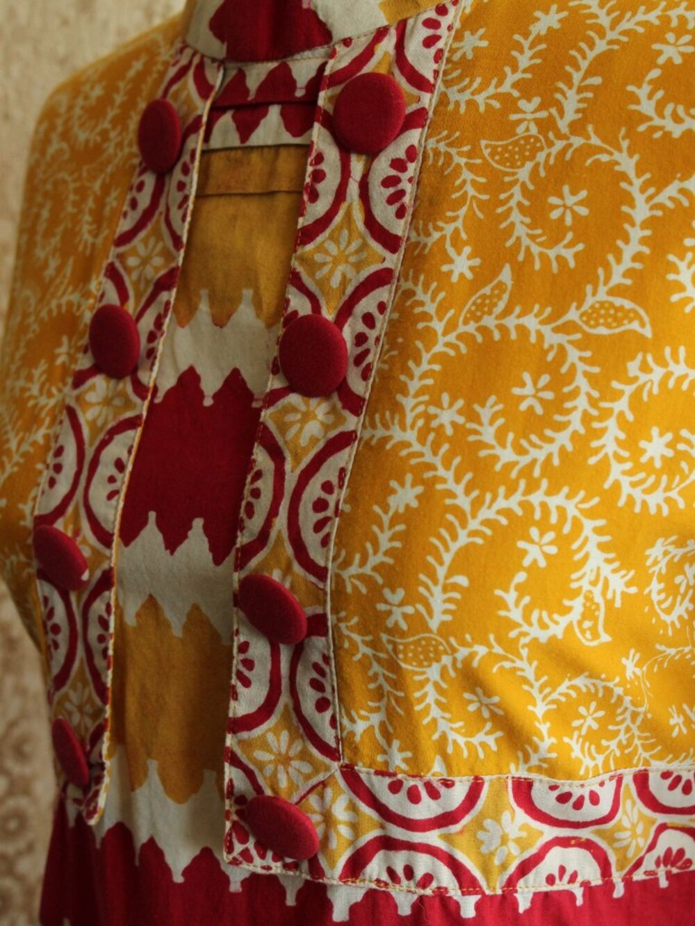 Vintage 1990s Y2K Maxi Dress, Red and Yellow Cotton 1960s Inspired Boho Full Len - Picture 11 of 14